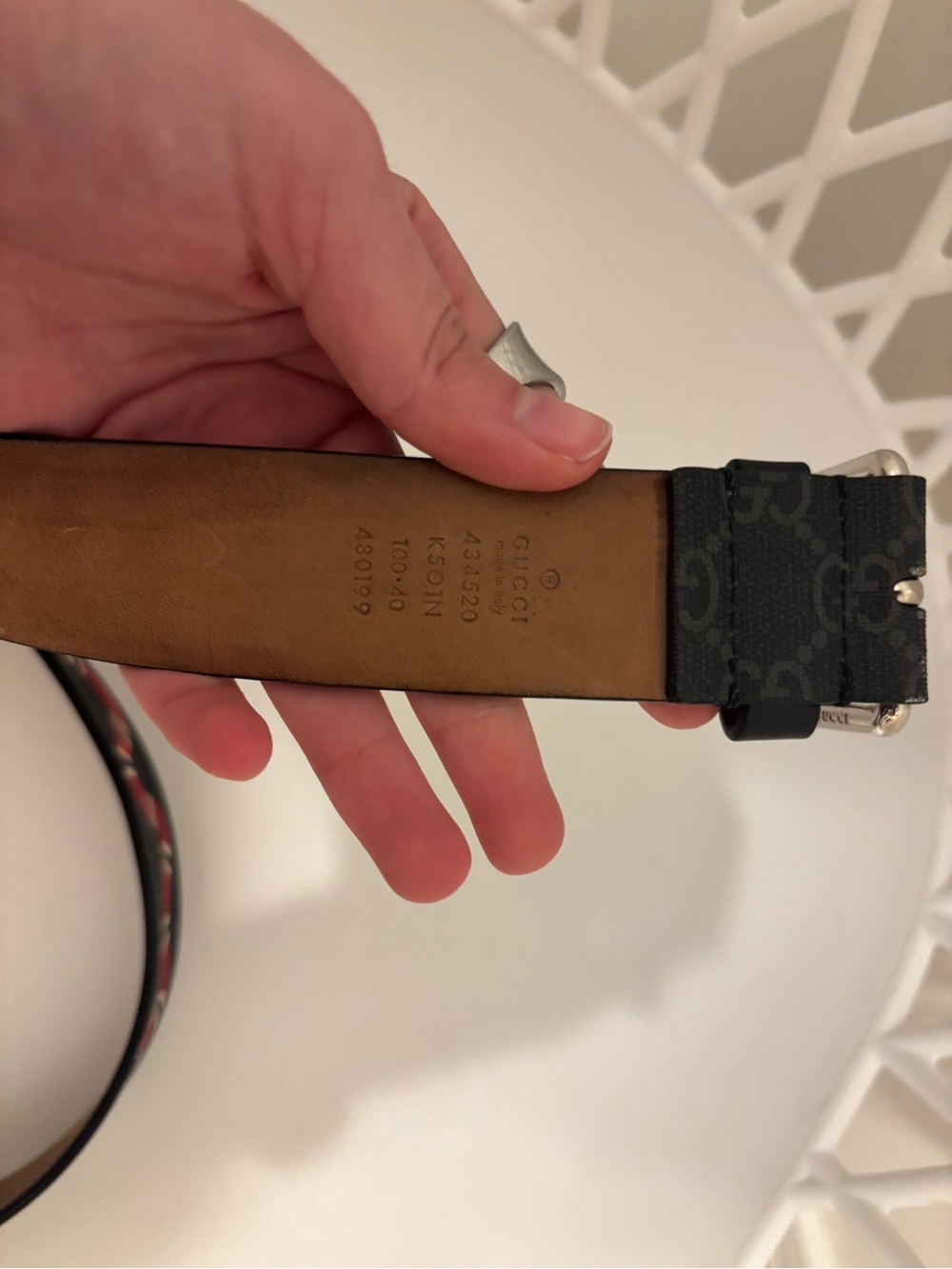 Gucci Black Monogram Belt with Red & White Snake Accent - Picture 2 of 4